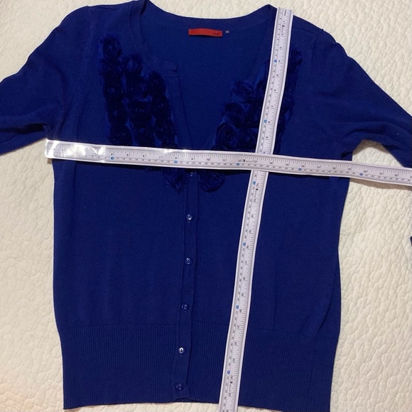 Red Brand | Cobalt Blue Cardigan Sweater with Gorgeous Rosette Detail | Size L - Picture 4 of 9
